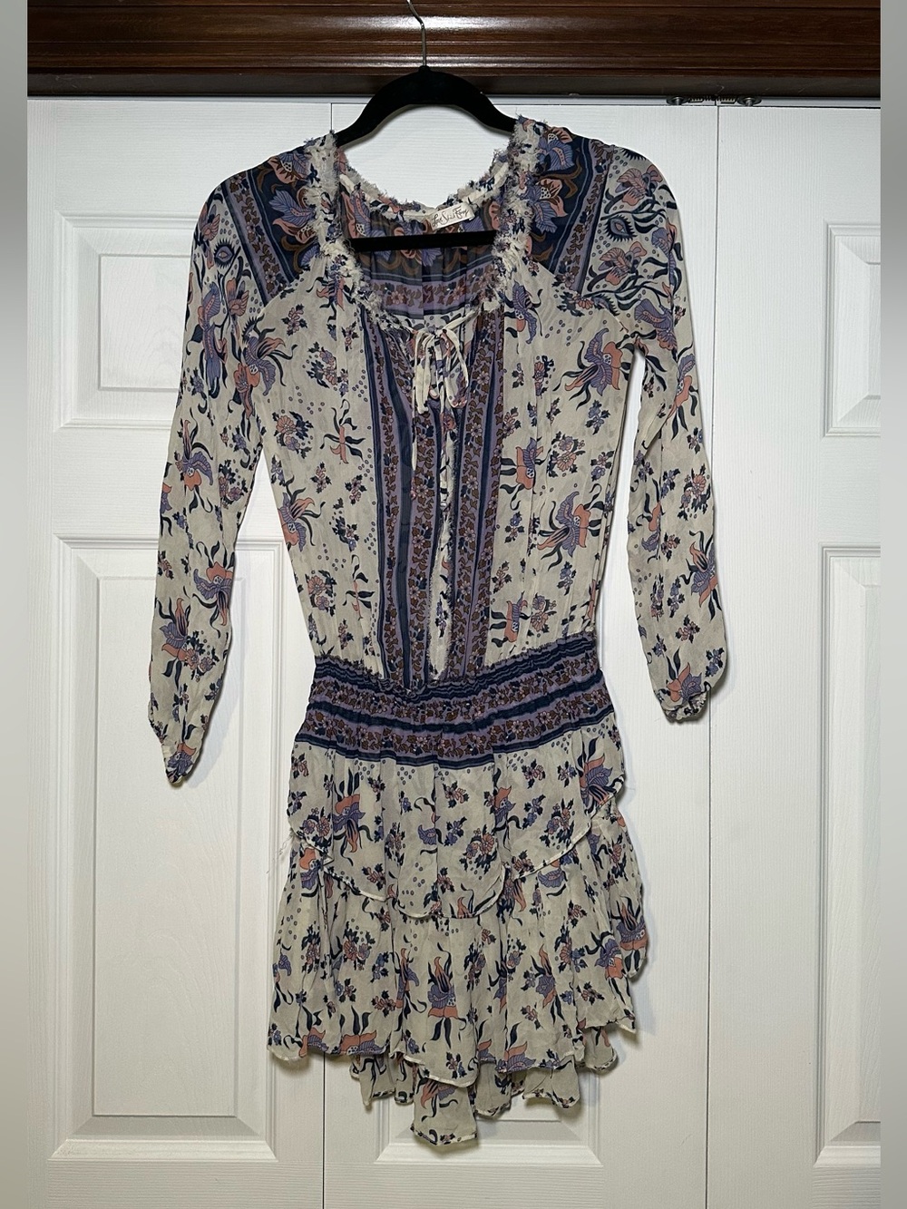 LoveShackFancy Silk Popover Dress in Cream and Blue